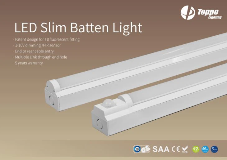 Qhov Fais Fab Factor PF> 0.95 LED Slim Batten Light 120 Degree Taum Lub Teeb 6700Lm Slim LED Batten